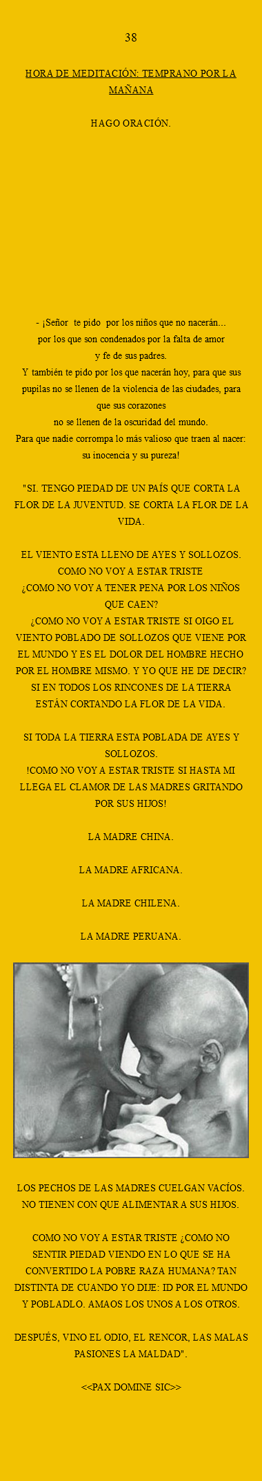 
38 HORA DE MEDITACIÓN: Temprano por la mañana Hago oración. - ¡Señor te pido por los NIÑOS que no nacerán... por los que son condenados por la falta de amor Y FE de sus padres. Y TAMBIÉN TE PIDO por los que naceRÁn hoy, para que sus pupilas no se llenen de la violencia de las ciudades, para que sus corazones
no se llenen de la oscuridad del mundo.
para que nadie corrompa lo más valioso que traen al nacer: su inocencia y su pureza! "SI. TENGO PIEDAD DE UN PAÍS QUE CORTA LA FLOR DE LA JUVENTUD. SE CORTA LA FLOR DE LA VIDA. EL VIENTO ESTA LLENO DE AYES Y SOLLOZOS.
COMO NO VOY A ESTAR TRISTE ¿COMO NO VOY A TENER PENA POR LOS NIÑOS QUE CAEN? ¿COMO NO VOY A ESTAR TRISTE SI OIGO EL
VIENTO POBLADO DE SOLLOZOS QUE VIENE POR EL MUNDO Y ES EL DOLOR DEL HOMBRE HECHO POR EL HOMBRE MISMO. Y YO QUE HE DE DECIR? SI EN TODOS LOS RINCONES DE LA TIERRA ESTÁN CORTANDO LA FLOR DE LA VIDA. SI TODA LA TIERRA ESTA POBLADA DE AYES Y
SOLLOZOS. !COMO NO VOY A ESTAR TRISTE SI HASTA MI LLEGA EL CLAMOR DE LAS MADRES GRITANDO POR SUS HIJOS! LA MADRE CHINA. LA MADRE AFRICANA. LA MADRE CHILENA. LA MADRE PERUANA. ﷯
LOS PECHOS DE LAS MADRES CUELGAN VACÍOS. NO TIENEN CON QUE ALIMENTAR A SUS HIJOS. COMO NO VOY A ESTAR TRISTE ¿COMO NO SENTIR PIEDAD VIENDO EN LO QUE SE HA CONVERTIDO LA POBRE RAZA HUMANA? TAN DISTINTA DE CUANDO YO DIJE: ID POR EL MUNDO Y POBLADLO. AMAOS LOS UNOS A LOS OTROS. DESPUÉS, VINO EL ODIO, EL RENCOR, LAS MALAS PASIONES LA MALDAD". <<PAX DOMINE SIC>>